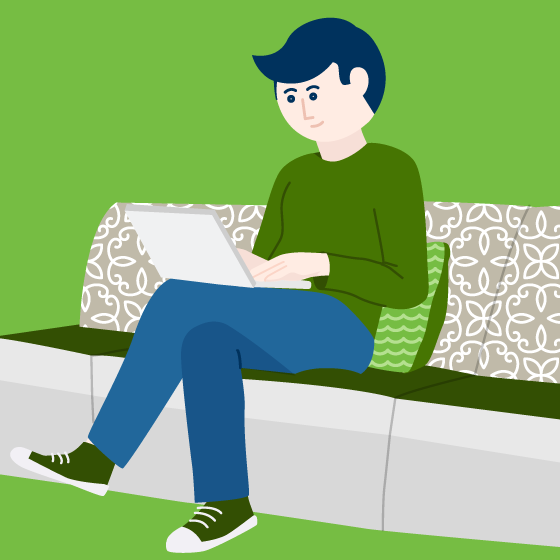 illustrazione di ragazzo con PC su un divano