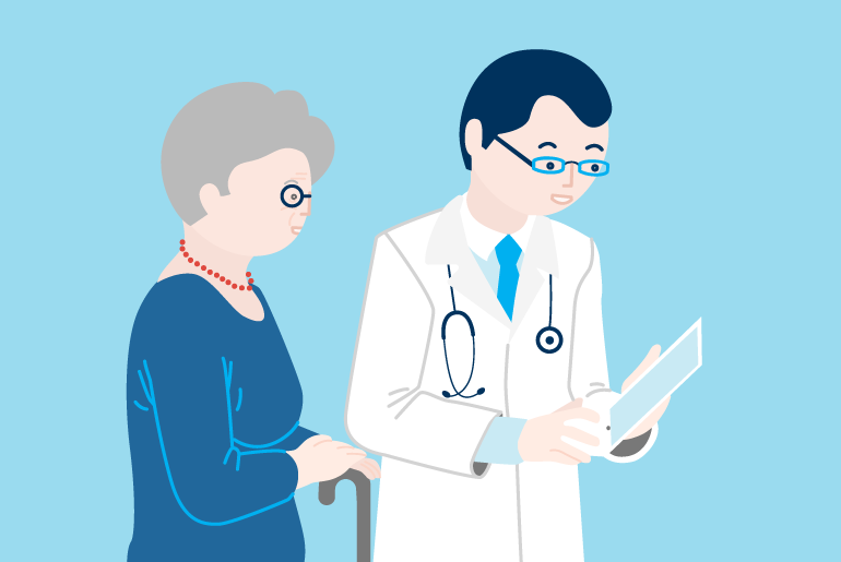 illustrazione di medico che mostra un tablet a una donna anziana