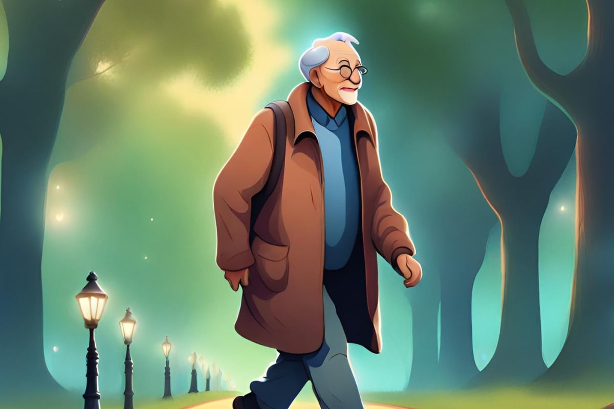 persona anziana che passeggia in un viale alberato