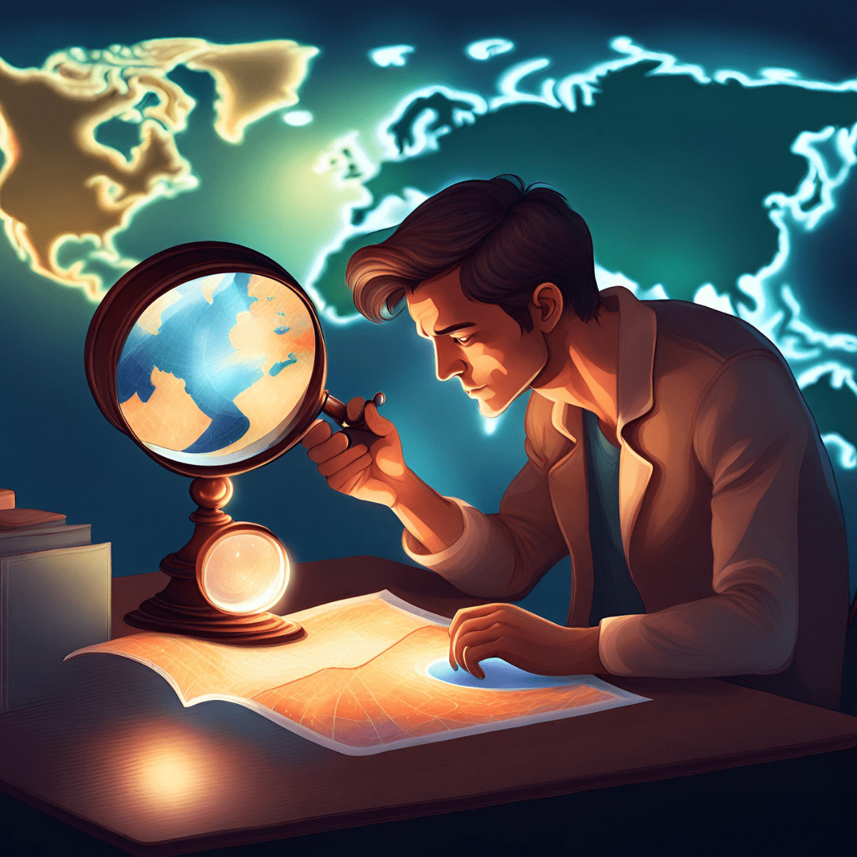 uomo che consulta una mappa con una lente di ingrandimento